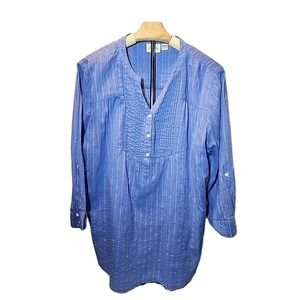 The Vermont Country Store Plus Sz 2X Blue 100% Cotton Roll-Tab 3/4 Slv Tunic Top